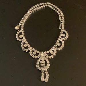 Necklace Vintage Clear Rhinestone Silver Plate Necklace 15” end to end